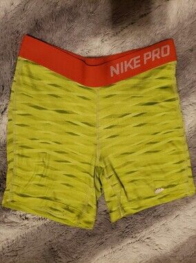 Nike Pro Lime Green Tiger Stripe Compression Shorts Orange Waistband L